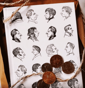 capa branca com várias caricaturas de homens de perfil, sobre papel pardo, com um barbante cru e moedas compondo a foto